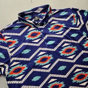 Raised by Coyotes Mens 2XL Polo Shirt Blue Southwestern Geometric Golf Perform